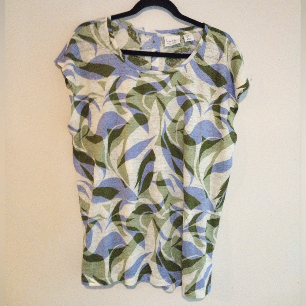 Nicole Miller Green and Blue Abstract Print 100% Linen Cap Sleeve Top NWOT